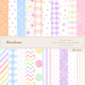 May include: A collection of twenty digital papers featuring watercolour patterns including polka dots, stars, floral prints, gingham, stripes, chevrons, and hearts in pastel rainbow colours. The image includes the text Rainbow, 20 Digital Papers, High Resolution, Jpg, 300 DPI, Commercial Use, and StoreAnje.