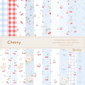 Op de afbeelding: Een verzameling van 20 naadloze digitale papieren met kersen- en bloempatronen. De ontwerpen tonen rode kersen, blauwe strikken en witte bloemen op lichtblauwe en witte achtergronden. Het woord "Cherry" is inbegrepen.