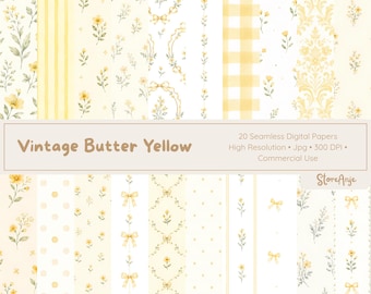 Papeles digitales amarillo mantequilla • Fondos de acuarela vintage • Papel retro suave • 20 papeles PNG Papeles amarillos vintage • Patrón floral suave