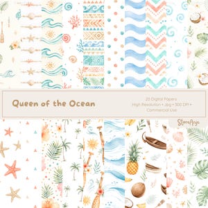 Può includere: Una collezione di 20 carte digitali intitolata Queen of the Ocean, con motivi ad acquerello di conchiglie, stelle marine, onde, foglie di palma, ananas, canoe e pagaie in tenui tonalità di blu, arancione e verde su sfondo bianco.