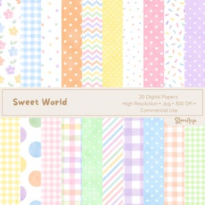 Puede incluir: Una colección de 20 papeles digitales con patrones en tonos pastel que incluyen cuadros vichy, lunares, chevron, rayas y motivos florales. El texto Sweet World, 20 Digital Papers, High Resolution, Jpg, 300 DPI, Commercial Use y StoreAnje es visible.