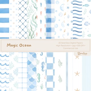 Puede incluir: Una colección de 20 papeles digitales sin costuras titulada Magic Ocean, con patrones de acuarela de olas azules, caballitos de mar, coral, peces, conchas, burbujas y rayas geométricas sobre un fondo blanco, presentada por StoreAnje.