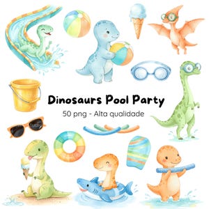 May include: Watercolor illustration of a "Dinosaurs Pool Party" with various dinosaurs enjoying summer activities. Includes dinosaurs on a water slide, with beach balls, ice cream, and swimming accessories. Text reads "Dinosaurs Pool Party".