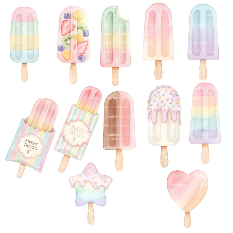 May include: Watercolor illustration of various ice popsicles in pastel colors. Some popsicles have fruit, sprinkles, or are in a paper wrapper. The popsicles are on wooden sticks and include a star and heart shape.