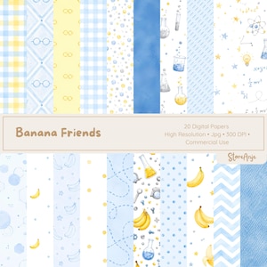 Pode incluir: Uma coleção de 20 papéis digitais com padrões em azul, amarelo e branco. Os designs incluem bananas, vidraria de laboratório, fórmulas científicas, estrelas, pontos, listras, chevrons e xadrez. O texto Banana Friends está visível.