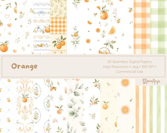 Papeles digitales naranjas • Fondos de acuarela de cítricos • Papel con estampado de frutas • 20 papeles PNG, papeles de acuarela de cítricos