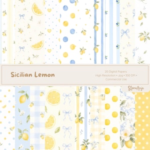 Pode incluir: Uma coleção de 20 papéis digitais com padrões em aquarela de limões amarelos, laços azuis, listras azul-claras, bolinhas e xadrez vichy. O texto diz Sicilian Lemon, 20 Digital Papers, High Resolution, Jpg, 300 DPI, Commercial Use, StoreAnje.