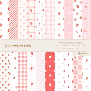 May include: A collection of 20 seamless digital papers with strawberry and floral patterns in shades of pink and red. The designs include polka dots, stripes, gingham, and floral motifs. The text "Strawberries" is displayed on a cream-colored banner.