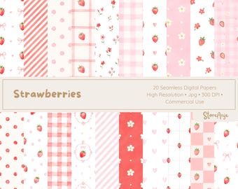 Papeles digitales de fresas • Fondos con lazos rosas • Papel de acuarela de bayas • 20 papeles PNG, papeles de acuarela de fresas