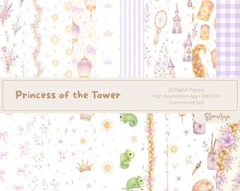 May include: A collection of twenty digital papers featuring watercolour illustrations of towers, lanterns, suns, crowns, chameleons, long braided hair, floral arrangements, and bows in soft pastel shades of purple, yellow, and green on white backgrounds.
