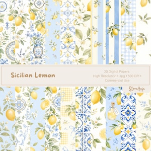 Puede incluir: Una colección de 20 papeles digitales con patrones de limones sicilianos, limones amarillos, hojas verdes, flores blancas, motivos de azulejos azules y blancos, rayas y cuadros vichy. El texto dice Sicilian Lemon, 20 Digital Papers, High Resolution, Jpg, 300 DPI, Commercial Use y StoreAnje.