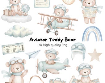 Airplane Teddy Bear Clipart • Instant Download, Aviator Teddy Bear Watercolor Clipart • Cute Digital Kit • 300 DPI PNG