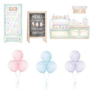 May include: Watercolor illustration of an ice cream shop with a menu board, display cases, and balloons. The menu board says "MENU" and "Fresh Scoops! Sweet Treats". The display cases are filled with ice cream and cupcakes. Three sets of balloons are shown.