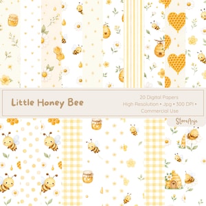 Könnte beinhalten: Eine Sammlung von 20 digitalen Papieren mit Aquarellillustrationen von Honigbienen, Bienenstöcken, Honiggläsern, Wabenherzen und Gänseblümchen auf weißem und gelbem Hintergrund mit Mustern wie Streifen, Vichy-Karos und Punkten.