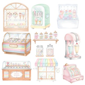May include: Watercolor illustration of a sweet shop with various ice cream and dessert displays. Includes a soft-serve machine, display cases, jars of candy, and a pink cash register. The theme is pastel colors.