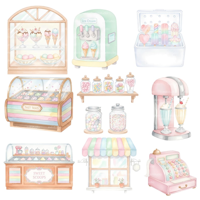 May include: Watercolor illustration of a sweet shop with various ice cream and dessert displays. Includes a soft-serve machine, display cases, jars of candy, and a pink cash register. The theme is pastel colors.