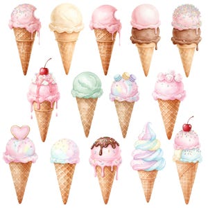 May include: Watercolor illustration of various ice cream cones. The cones feature different flavors and toppings, including sprinkles, cherries, and macarons. The ice cream colors range from pink and green to chocolate and vanilla. The cones are a light brown color.