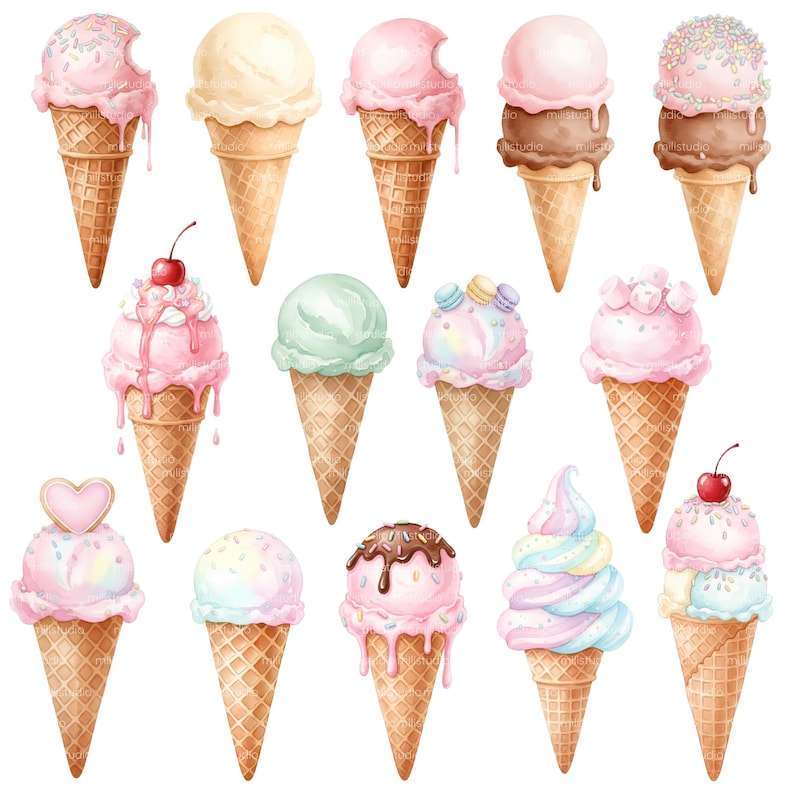 May include: Watercolor illustration of various ice cream cones. The cones feature different flavors and toppings, including sprinkles, cherries, and macarons. The ice cream colors range from pink and green to chocolate and vanilla. The cones are a light brown color.