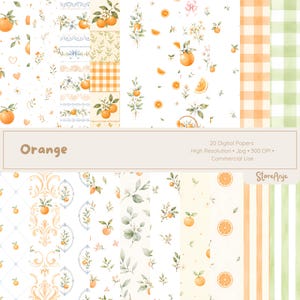 Pode incluir: Uma coleção de 20 papéis digitais com laranjas em aquarela, folhas verdes, flores brancas, xadrez, listras e padrões de damasco. Os designs incluem fatias de laranja, ramos e motivos florais em tons de laranja e verde.