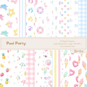 May include: A collection of 20 digital papers featuring summer-themed patterns including flamingos, beach balls, ice cream cones, pineapples, pool floats, and water guns in pastel colours. The text Pool Party, 20 Digital Papers, High Resolution, Jpg, 300 DPI, Commercial Use, and StoreAnje is visible.
