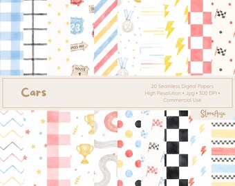 Papeles digitales de coches de carreras • Fondos de vehículos de dibujos animados • Papel de niño en acuarela • 20 papeles PNG, papeles de acuarela de coches de carreras