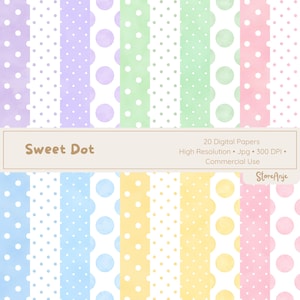 Pode incluir: Uma coleção de papéis digitais com listras verticais de texturas em aquarela em tons pastel roxo, verde, rosa, azul e amarelo, decorados com bolinhas brancas de vários tamanhos. O texto diz Sweet Dot, 20 Digital Papers.