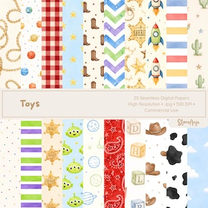 May include: A collection of 20 seamless digital papers with a variety of patterns. Designs include cowboy boots, sheriff badges, rockets, planets, and alien characters. The word "Toys" is displayed at the top of the image.