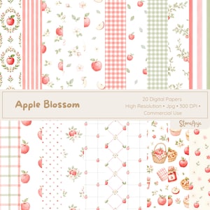 May include: A collection of 20 digital papers featuring apple blossom and red apple motifs. Patterns include vertical stripes, gingham checks, polka dots, and lattice designs in shades of red, green, and white. Text reads Apple Blossom.