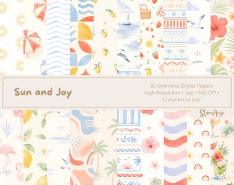 Summer Digital Papers • Tropical Watercolor Backgrounds • Seasonal Paper • 20 PNG Papers