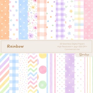 May include: A set of 20 seamless digital papers with a rainbow theme. The papers showcase diverse patterns such as polka dots, stars, gingham, floral, and stripes, in pastel shades. The word "Rainbow" is displayed on a banner.