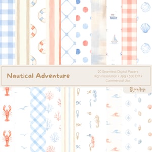 以下が含まれることがあります： Nautical Adventureと題された20枚のシームレスなデジタルペーパーコレクション。浮き輪、ヨット、ロブスター、貝殻、サンゴ、タツノオトシゴ、波の水彩パターンが、青、ピーチ、白の色合いで描かれ、チェック柄やストライプのデザインが含まれています。