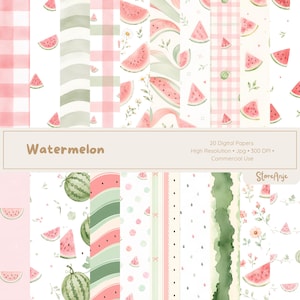 Può includere: Una collezione di 20 carte digitali a tema anguria, che include fette, angurie intere, motivi a quadretti, strisce e accenti floreali nelle tonalità del rosa, verde e bianco. Il testo include Watermelon, 20 Digital Papers, High Resolution, Jpg, 300 DPI, Commercial Use e StoreAnje.