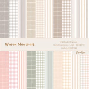 May include: A collection of 20 digital papers featuring warm neutral patterns including stripes, gingham, and grid designs in shades of beige, cream, soft pink, and sage green. The text reads Warm Neutrals, 20 Digital Papers, High Resolution, Jpg, 300 DPI, Commercial Use, and StoreAnje.