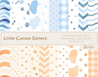 Papeles digitales de cachorros juguetones, 20 archivos PNG, papeles digitales de cachorros de dibujos animados, fondos de acuarela azules y naranjas.