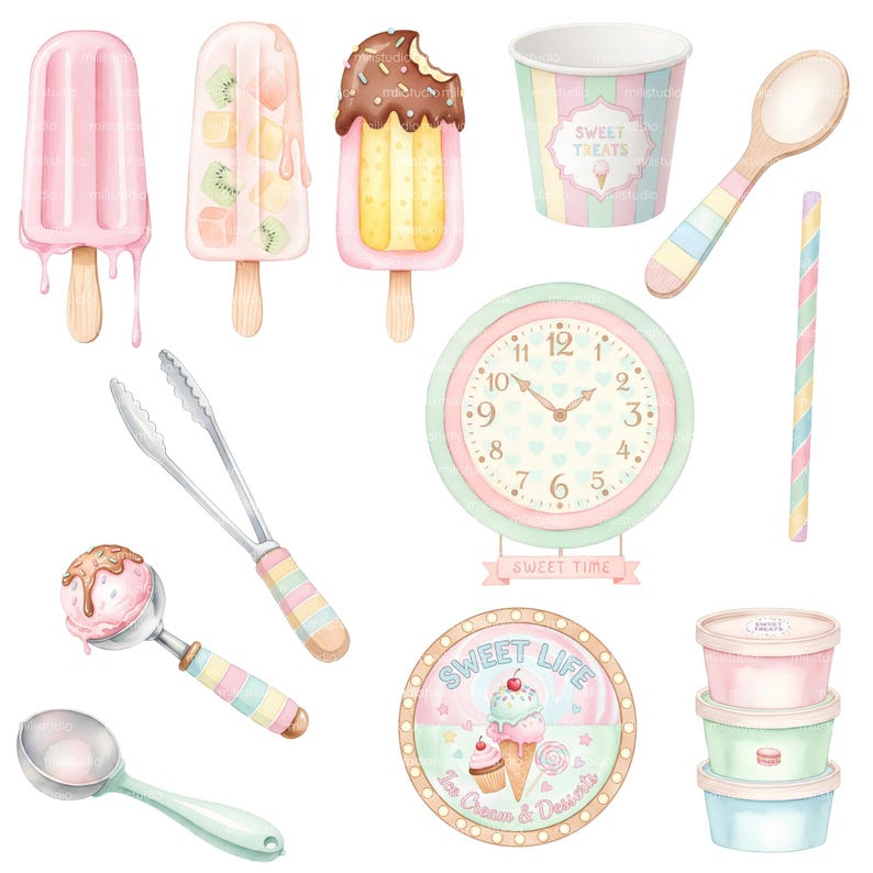 May include: Watercolor illustration of various ice cream treats and accessories. Includes popsicles, a sundae, a clock, a spoon, a cup, and containers. The clock reads "Sweet Time" and the sign says "Sweet Life Ice Cream & Desserts".