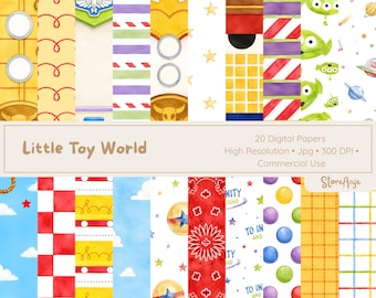 May include: A collection of twenty digital papers featuring various patterns inspired by toy characters, including yellow plaid, red and white checkered prints, green alien faces, space motifs, and colorful polka dots, with the text Little Toy World.
