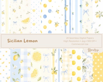 Papeles digitales de limón • Fondos de acuarela de cítricos • Papel de frutas italianas • 20 papeles PNG, papeles con estampado de cítricos • Diseños de limones y hojas