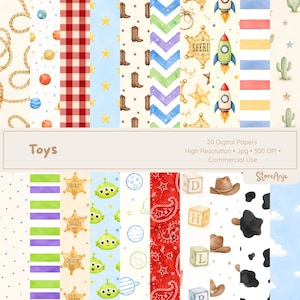 May include: A collection of twenty digital papers featuring watercolour patterns including cowboy boots, sheriff badges, rockets, planets, cacti, cow print, alphabet blocks, red gingham, paisley, and colourful stripes with the text Toys and StoreAnje.