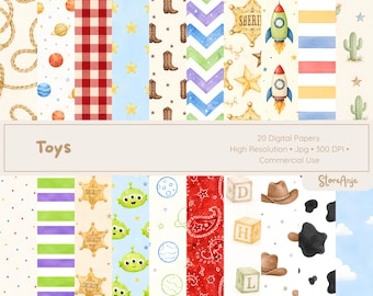 May include: A collection of twenty digital papers featuring watercolour patterns including cowboy boots, sheriff badges, rockets, planets, cacti, cow print, alphabet blocks, red gingham, paisley, and colourful stripes with the text Toys and StoreAnje.