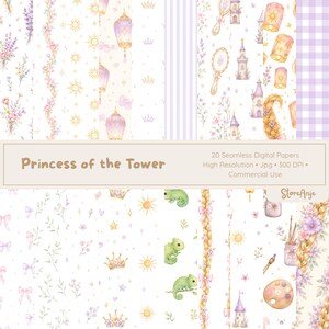 May include: A collection of 20 seamless digital papers with a princess theme. The designs feature watercolor illustrations of lanterns, castles, suns, crowns, and floral elements in soft pastel colors. The text "Princess of the Tower" is displayed.