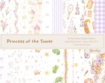 May include: A set of 20 seamless digital papers with a princess theme. The designs include watercolour illustrations of lanterns, castles, suns, crowns, and floral elements in soft pastel colours. The text "Princess of the Tower" is displayed.