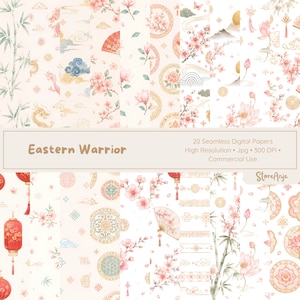 Pode incluir: Uma coleção de 20 papéis digitais sem costura com tema oriental. Os designs apresentam flores de cerejeira, leques, lanternas e outros motivos tradicionais em tons de rosa, dourado e verde. O texto "Eastern Warrior" é exibido.