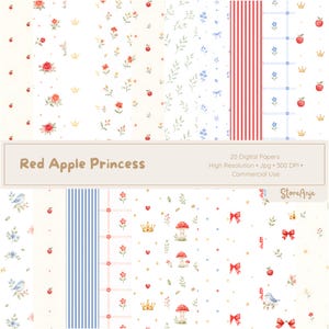 May include: A collection of 20 digital papers titled Red Apple Princess featuring patterns of red apples, crowns, flowers, blue birds, red bows, mushrooms, and stripes in red and blue on white backgrounds, presented as a high resolution set.