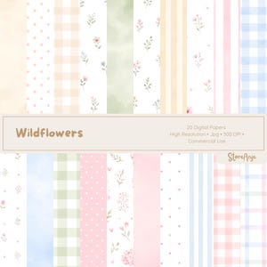 Pode incluir: Uma coleção de 20 papéis digitais com padrões de aquarela, incluindo flores silvestres, bolinhas, listras e xadrez vichy em tons pastel suaves de rosa, azul, verde e creme. O texto diz Wildflowers, 20 Digital Papers, High Resolution, Jpg, 300 DPI, Commercial Use e StoreAnje.