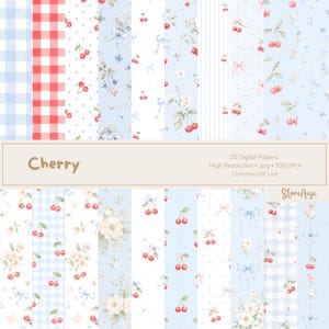 May include: A collection of 20 digital papers featuring patterns of red cherries, light blue gingham, white polka dots, floral bouquets, and light blue bows. The text Cherry, 20 Digital Papers, High Resolution, Jpg, 300 DPI, Commercial Use, and StoreAnje appear.
