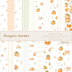 Pode incluir: Uma coleção de 20 papéis digitais intitulada Pumpkin Garden, apresentando padrões de abóboras laranja, folhas de outono, flores, xadrez vichy, listras e bolinhas em tons suaves de laranja, verde e branco para vários projetos.
