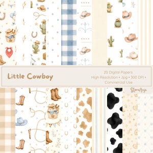以下が含まれることがあります： Little Cowboyと題された20枚のデジタルペーパーコレクション。カウボーイハット、ブーツ、サボテン、蹄鉄、投げ縄、バンダナ、牛柄の模様が水彩画風に描かれており、青、茶、クリーム色のトーンで構成され、テキストの詳細が含まれています。