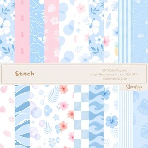 May include: A collection of 20 digital papers featuring various patterns in shades of blue, pink, and white. Designs include hibiscus flowers, tropical leaves, pineapples, surfboards, waves, polka dots, stripes, and checkered motifs with text.
