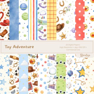 Pode incluir: Uma coleção de 20 papéis digitais intitulada Toy Adventure, apresentando padrões em aquarela de chapéus de cowboy, estrelas de xerife, foguetes espaciais, planetas, laços, grades amarelas, bolinhas vermelhas e rostos de alienígenas.
