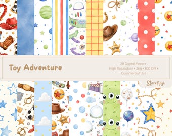 Vintage Toy Adventure Digital Papers • Watercolor Playroom Backgrounds • 20 PNG Papers, Cowboy & Space Adventure Papers
